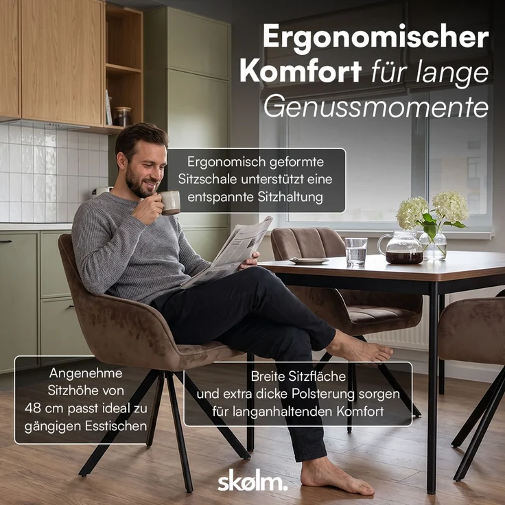 skølm 'Sköll' Esszimmerstühle, 4er Set, dunkelbraun, gepolstert mit Samt-Bezug, höhenverstellbar & drehbar, Polsterstühle mit Armlehnen, bis 150 kg belastbar – Bild 6