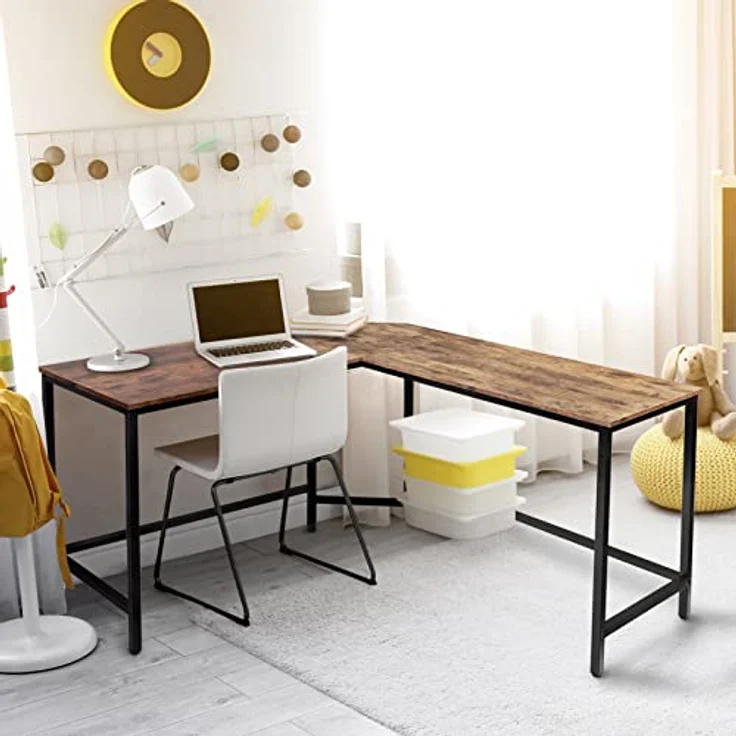 VENDOMNIA Schreibtisch industrial Design, aus Metall (Ablage oder Monitorständer, Schwarz Braun, Modellwahl, Eckscreibtisch, Computertisch, Bürotisch, L Form Arbeitstisch), Vintage Retro Laptop und PC Tisch – Bild 3