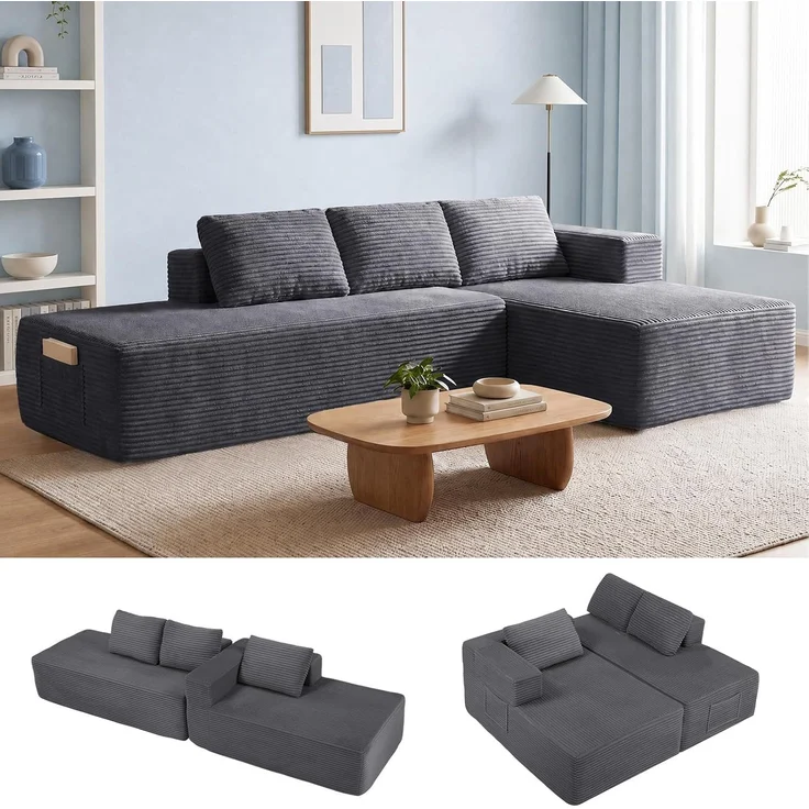 COMHOMA Ecksofa mit Schlaffunktion, 255cm Corduroy Modulares Boneless Couch mit Chaiselongue & Rücken-Metallgestell, L-Form Schlafsofa mit offenem Design, Kissen & Seitentaschen,für Wohnzimmer, Gris-L – Bild 10