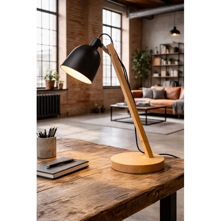 EDGAR Moderne Tischlampe mit Holzdesign und flexiblem Arm Schwarz ED027