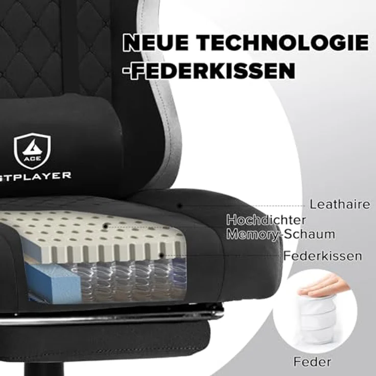 GTPLAYER Gaming Stuhl Ergonomischer Gaming Sessel Schreibtischstuhl mit Stoffoberfläche, Federsitzkissen, Verbindungsarmlehnen und Fußstütze schwarz – Bild 8