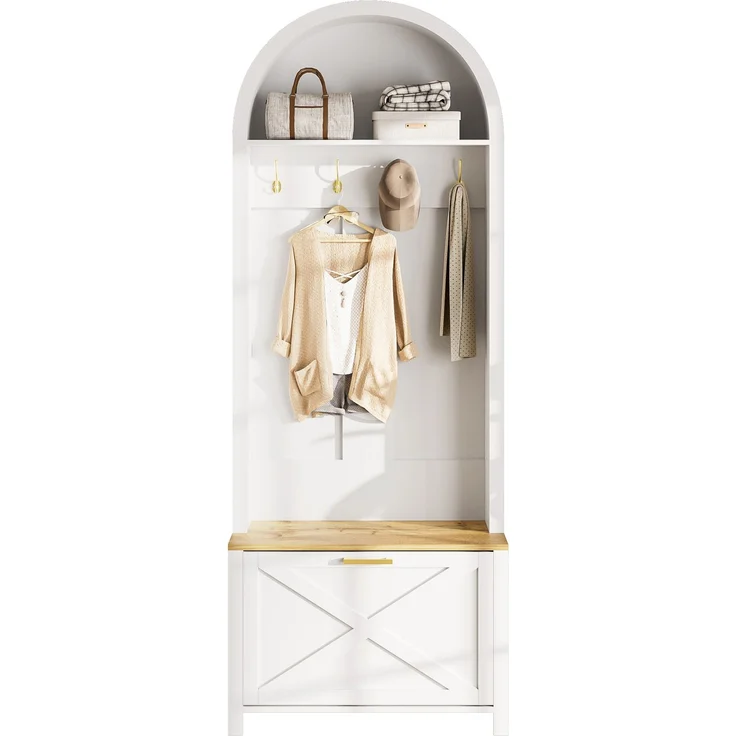 Multifunktionaler Garderobenschrank mit Schuhregal, Ablage & Haken – Hall Tree für Eingangsbereich, langlebiger MDF Korpus, modernes Design, stabile Eisenfüße, praktische Aufbewahrung--Weiß, Holz--75x35x195cm--YOUDENOVA – Bild 1