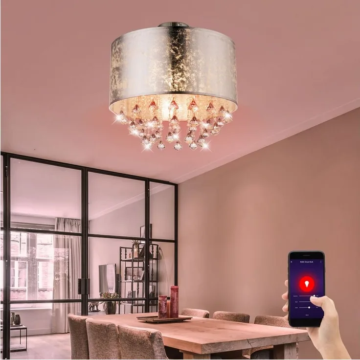 GLOBO LIGHTING LED Deckenleuchte, Leuchtmittel inklusive, Warmweiß, Neutralweiß, Tageslichtweiß, Deckenleuchte Kristallleuchte Smart RGB LED Textil silber App dimmbar