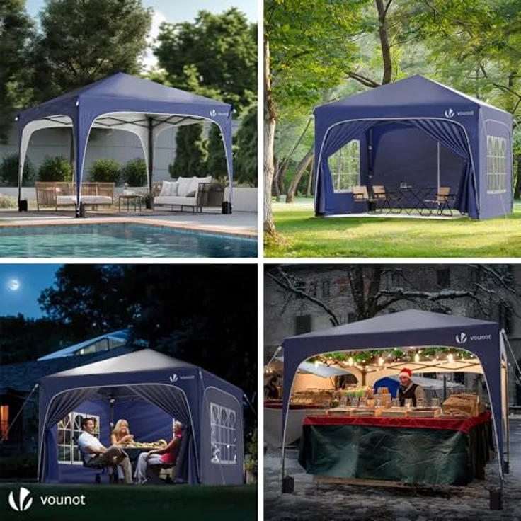 VOUNOT Pavillon 3x3 m mit 4 Seitenteilen & 4 Sandsäcke, Pop Up Faltpavillon, Wasserdicht, Faltbar Gartenzelt Partyzelt, inkl. Tasche, Blau – Bild 5