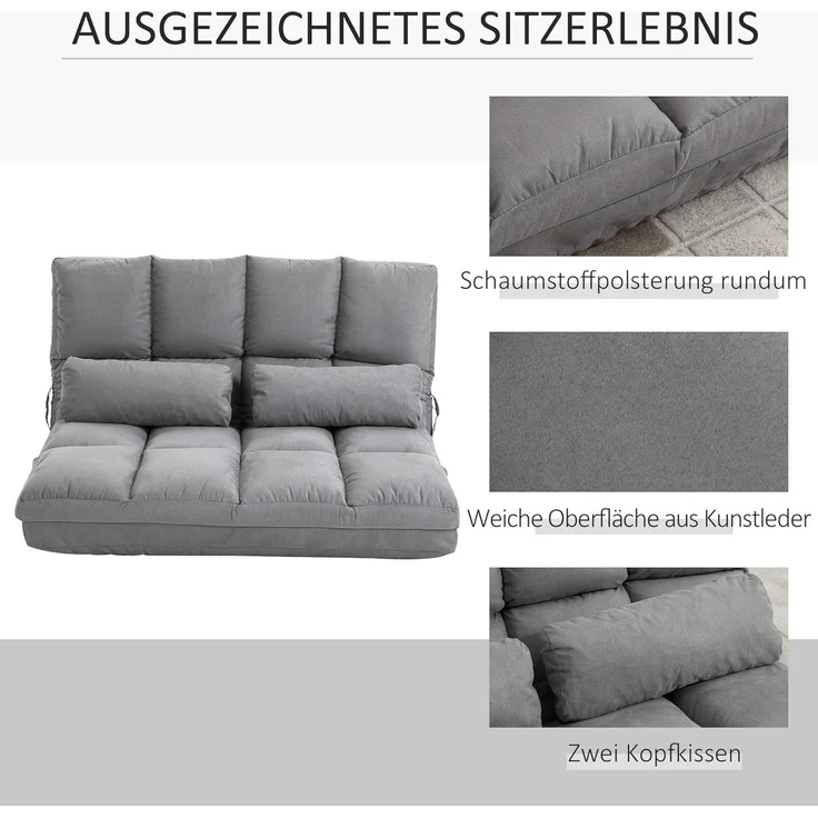 HOMCOM Relaxsessel mit Rückenlehne, 3 Positionen Verstellbare, Sitzkissen (Klappbett, 1-St, 2-in-1 Bodensessel), für Schlafzimmer, Wohnzimmer, Grau – Bild 6