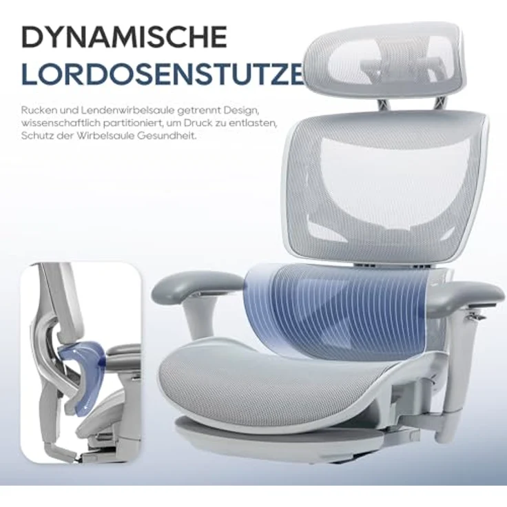COLAMY Ergonomischer Bürostuhl mit Fußstütze, 3D-Armlehnen, Kopfstütze, Lendenwirbelstütze & Atmungsaktives Mesh – Schreibtischstuhl für Büro & Home Office, Grau – Bild 8