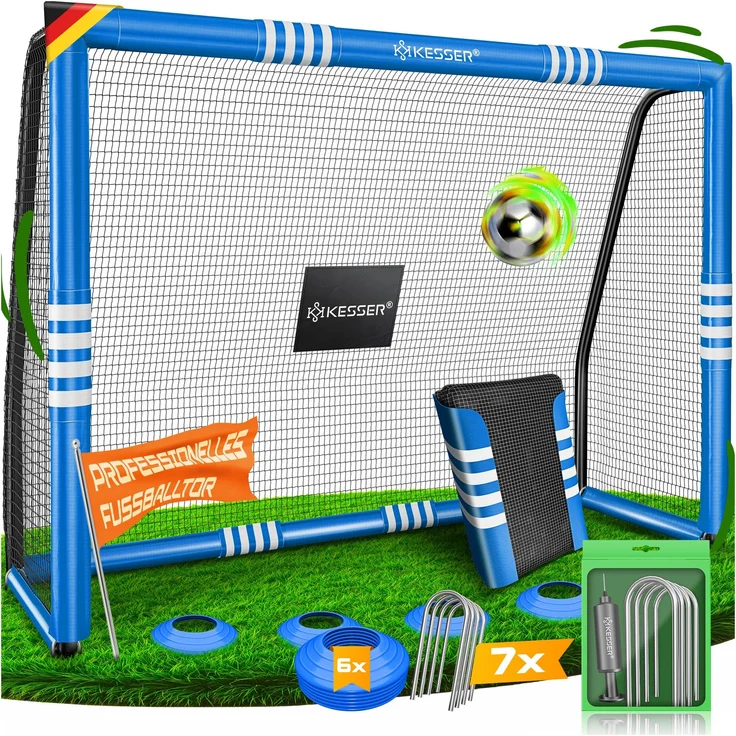 KESSER® Fußballtor für Garten robustes Outdoor Training Schusstraining UV-beständigem Netz, Stahlrahmen mit Polsterung, Erdhaken, Luftpumpe, Hüttchen, Montagezubehör für Kinder und Erwachsene Blau, 300cm, Ohne Torwand – Bild 1