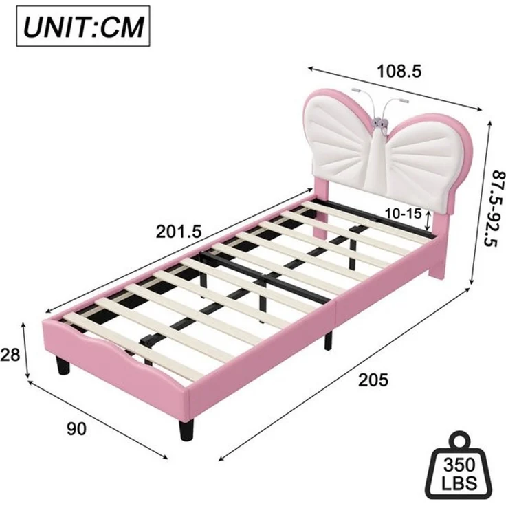 FUROKOY Polsterbett Kinderbett Jugendbett mit Schmetterlings-Kopfteil, Kopfteil hochstellbar, Einzelbett mit Lattenrost,90x200cm,Rosa + Weiß – Bild 4