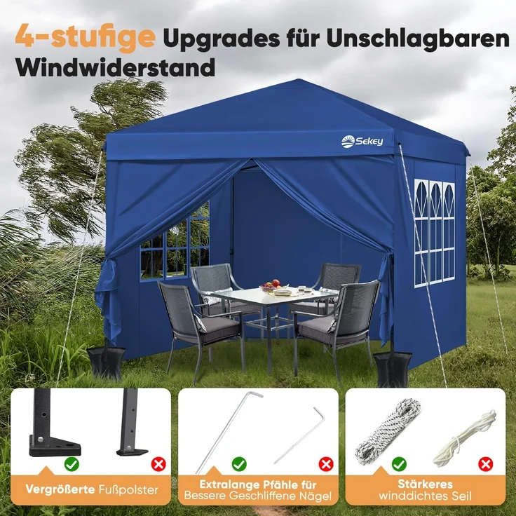 Sekey Premium Pop Up Pavillon 3x3 Wasserdicht Stabil, 3 x 3 m Pavillon mit Seitenwänden, Faltpavillon Partyzelt Faltbar für Camping Party, Höhe Verstellbar 250-270cm, (Navy, Mit Seitenwänden) – Bild 4