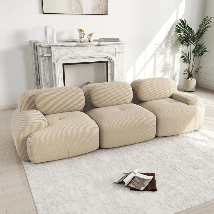 3-Sitzer-Sofa aus Premium-Cordstoff,modular kombinierbar rutschfest ohne Montage ergonomische Armlehnen und hochelastische Polsterung für Wohnzimmer und Schlafzimmer,Premium-Cordstoff,Beige, – Bild 2
