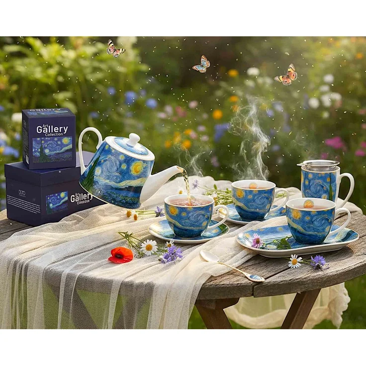 DUO ART GALLERY Teekanne mit 2 Tassen und Teesieb STARRY NIGHT inspired by Van Gogh, New Bone China Porzellan – Bild 6