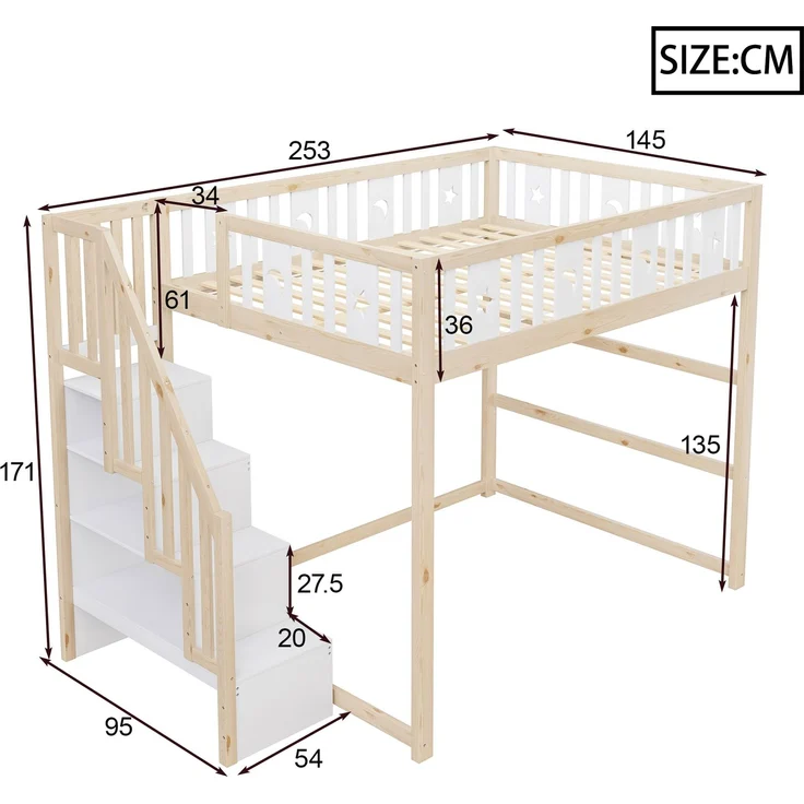 Merax Hochbett, Etagenbett für Kinder 140x200 mit Treppe, Kinderbett Aus Massivholz mit Sicherheitsgeländer, Weiß+Natur – Bild 4