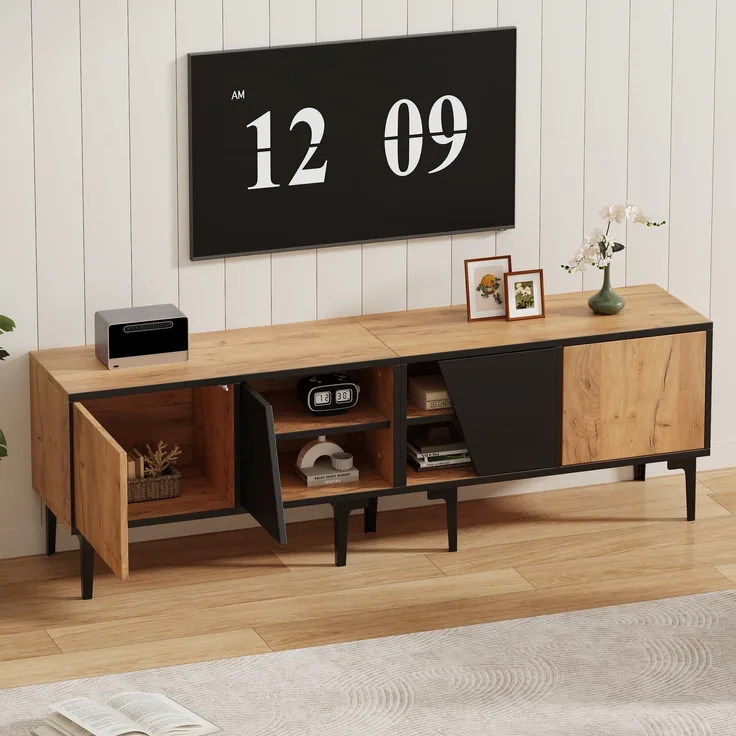 TV-Schrank aus Spanplatte mit 4 Fächern, 160 x 36,5 x 45 cm, Naturholzfarbe