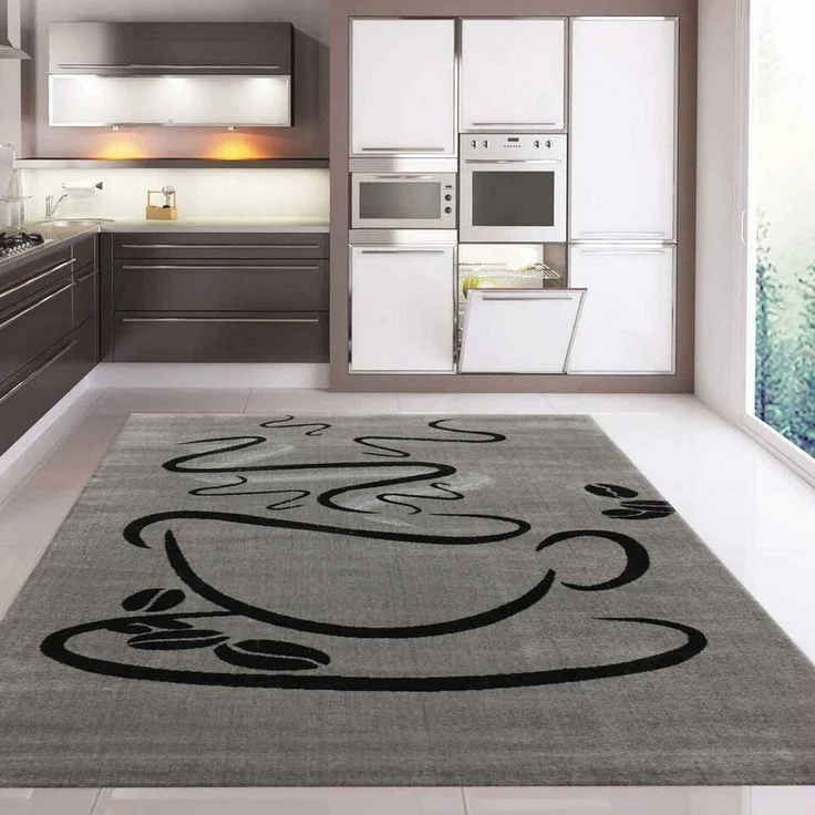 Vimoda Teppich Küchenteppich Grau Trendiger Kaffee Motiv, Rechteckig, Höhe: 5 mm, Küchenteppiche, Cappuccino, Muster Tasse, Esszimmer, Küche