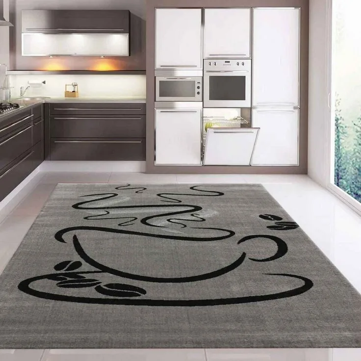 Vimoda Teppich Küchenteppich Grau Trendiger Kaffee Motiv, Rechteckig, Höhe: 5 mm, Küchenteppiche, Cappuccino, Muster Tasse, Esszimmer, Küche