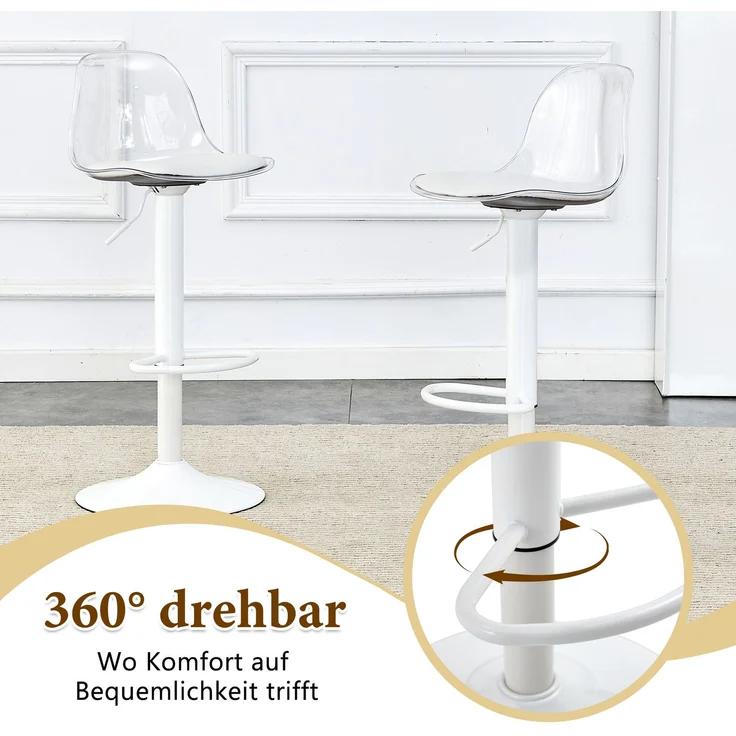 Flexibles Bar-Set: 89 cm Glastisch + 2 Hocker mit weißen Beinen, höhenverstellbar & drehbar, • Transparente Optik • 360°-Drehung • Vielseitig nutzbar, Schafft visuelle Weite und spart Platz.--Silber, Transparent, Weiß--51x49.5x50cm--YOUDENOVA – Bild 7