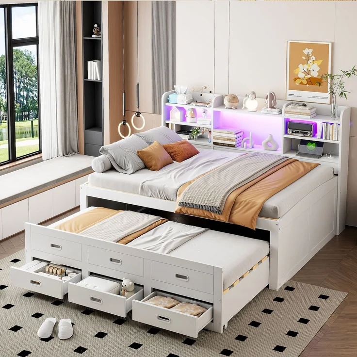 Schlafsofa, Daybett, Tagesbett, 140 x 200cm, Mit LED-Leuchten, 3 schubladen, Nachttischablage, Multifunktionales ausziehbares bett mit usb+type-c, Ohne matratze, Weiß – Bild 7