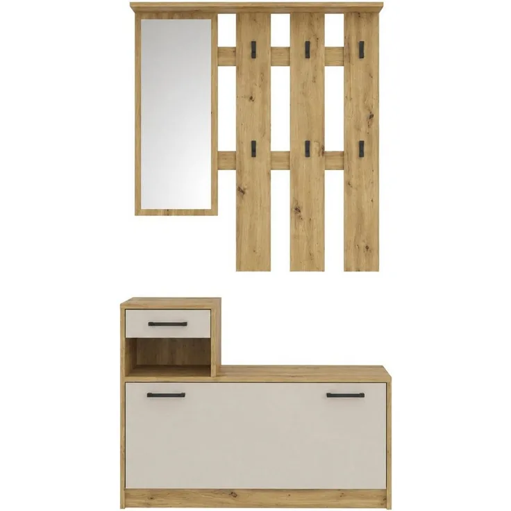 OTTO home Garderoben-Set Luna Kommode mit 1 Klappe + 1 Schubkasten, Paneel mit Spiegel 6 Haken