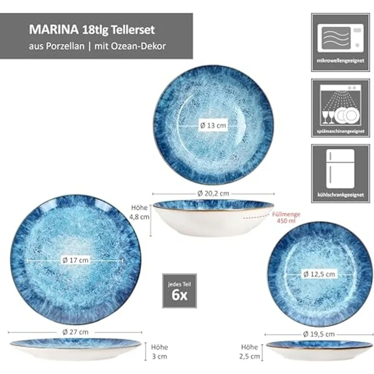 MamboCat Teller-Set Marina 18tlg Tellerset blaue 6 Pers Kuchenteller Speiseteller, Porzellan – Bild 6