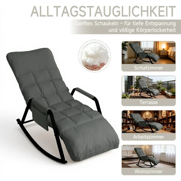 Home Nature Wohnkonzept Schaukelstuhl mit 5-fach verstellbarer Rückenlehne, Ergonomischer Relaxsessel, Lesesessel bis 160 kg, 104×56×93,5 cm, Kunstleder Grau – Bild 7
