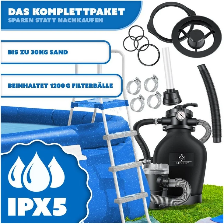 KESSER Sandfilteranlage 600W Sandfilter für Pools 13200L/h Durchfluss Poolfilter 7-Wege Ventil (Filteranlage mit Pumpe, 1200g Filterbälle Druckmanometer, Abdeckung), Tankvolumen für bis 30kg Sand Professionelle Poolwasserfilterung – Bild 4
