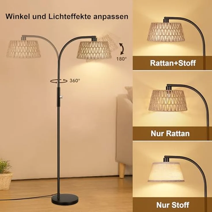 ROTTOGOON Bogen Rattan Stehlampe für Wohnzimmer 3 Farbtemperaturen Dimmbare 9W LED mit Fernbedienung Boho Landhausstil Stehleuchte für Schlafzimmer Büro Schwarz – Bild 4
