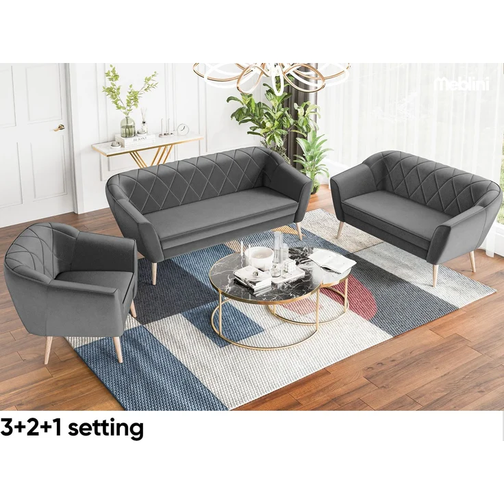 MEBLINI Mini Sofa Set 3-2 für Wohnzimmer - Mini Lounge für fünf Personen - Küchensofa - Sofa Klein - Sitzgarnitur - Polstergarnitur - Sofagarnituren - GISELA - 3+2 - Dunkelgrau Samt – Bild 5