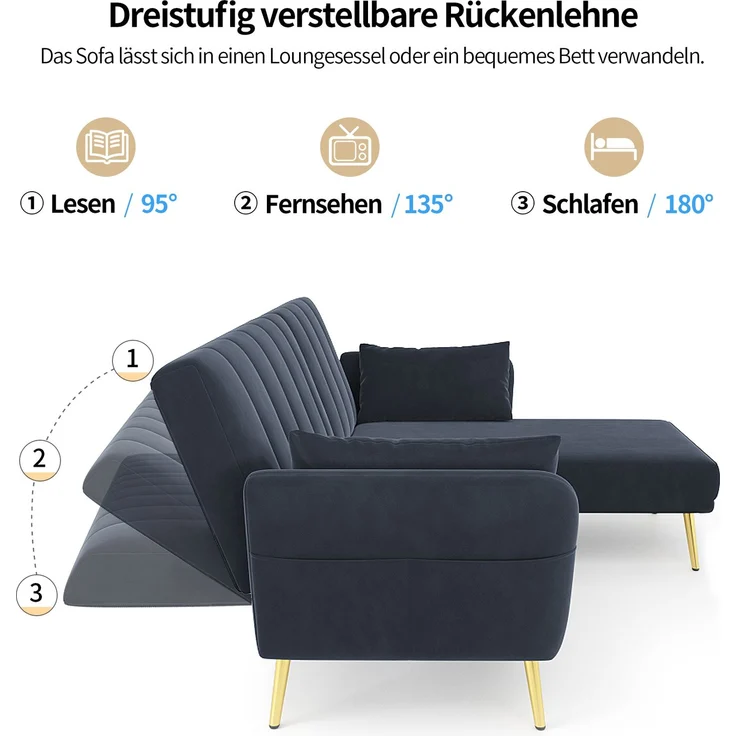 Merax Modernes Klappsofa, L-förmiges Sofa, Schlafsofa mit Zusatzecke, Ecksofa mit Schlaffunktion, Schwarz – Bild 6