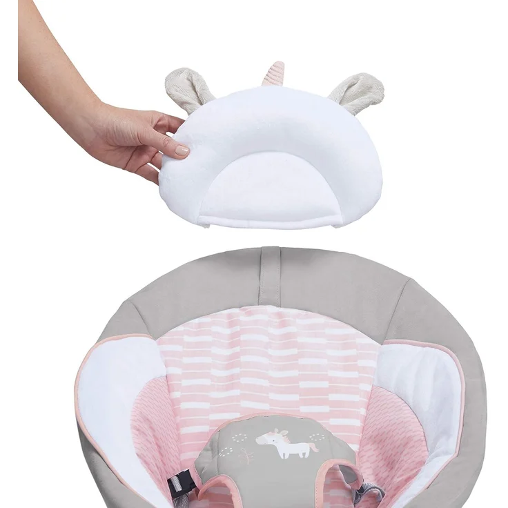 Ingenuity, Babywippe mit Vibration und 8 Melodien, Flora the Unicorn - abnehmbare spielbogen, gepolsterter Kopfstütze, Sicherheitsgurt, Babysitz ,Lautstärkeregler, grau / rosa, ab der Geburt bis 9kg – Bild 5