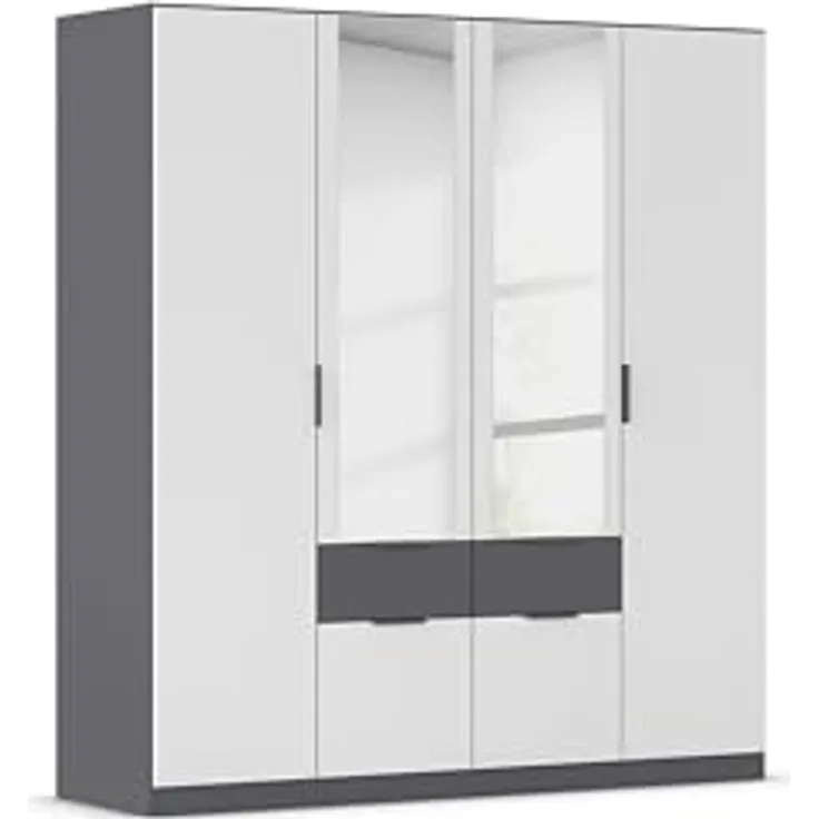 Rauch Möbel Glasgow, Kleiderschrank, Farbe Weiß/Grau metallic, Breite 181cm | Schrank, 4-türig, Spiegel, 4 Schubladen, für Schlafzimmer, Kinderzimmer, Babyzimmer, Garderobe, Flur