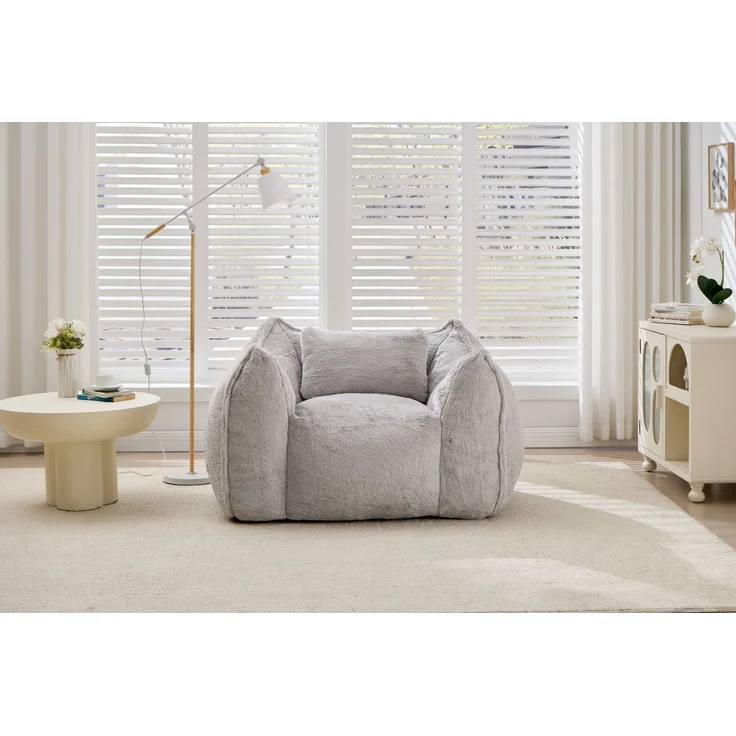 Großer Sitzsack-Sessel mit Kunstfellbezug und Kissen, weicher Loungesitz mit Schaumstoffflocken ohne Montage für Wohnzimmer, Grau – Bild 19