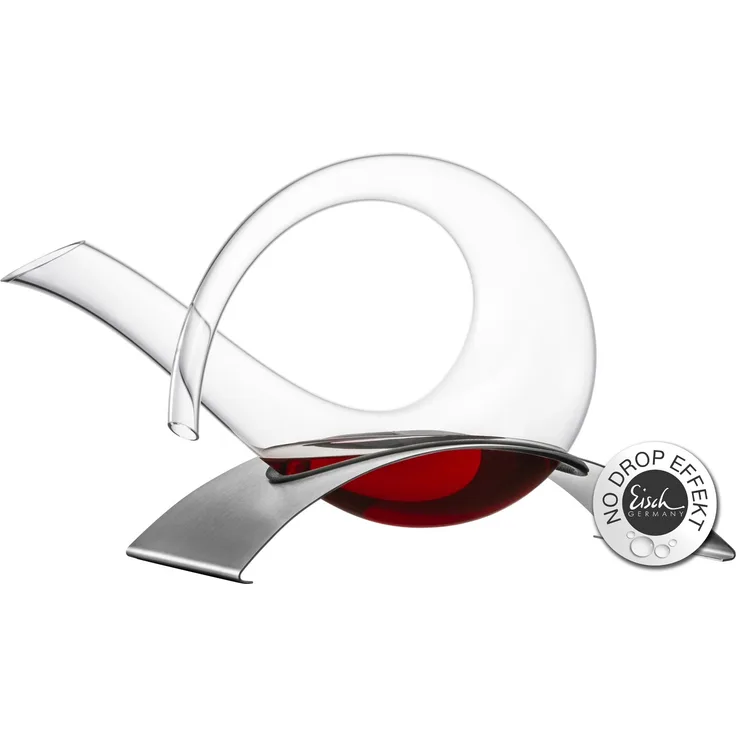 Eisch No Drop Effekt Dekantierente auf Edelstahlsockel im Geschenkkarton