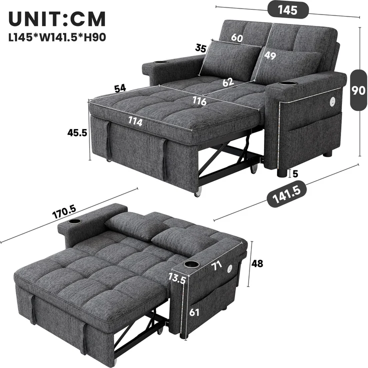 Merax 2-Sitzer Sofa, Schlafsofa mit Schlaffunktion, LED-Beleuchtung, USB/Type-C-Ladeanschluss, verstellbare Rückenlehne, Kissen, Getränkehalter, Seitentasche, Chenille Stoff, Grau – Bild 4