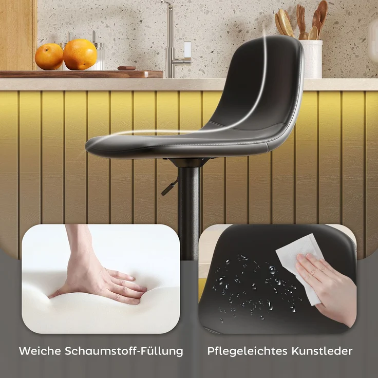 2er-Set Barhocker, Barstühle mit Kunstlederbezug, drehbar, mit Rückenlehne und Fußstütze, Metallbasis, Schwarz--Schwarz--104x44x40.5cm--YOUDENOVA – Bild 8