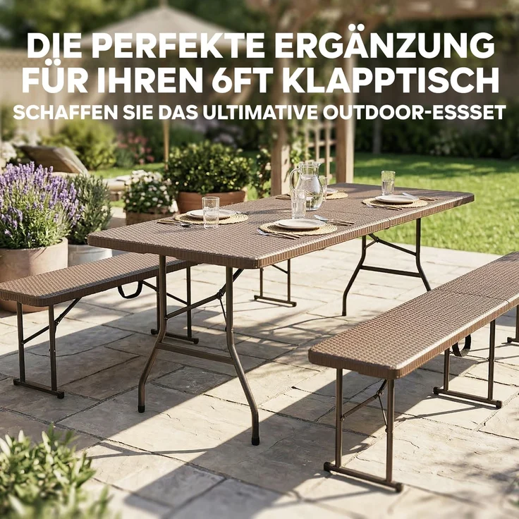 Eiryss Klappbank 2er Set, Wetterfeste Gartenbank aus HDPE mit Geflecht-Optik, Klappbare Sitzbank mit 4 Sicherheitsverriegelungen, Belastbar bis 400 kg, für Balkon, Terrasse & Camping, 180x28x43 cm – Bild 4