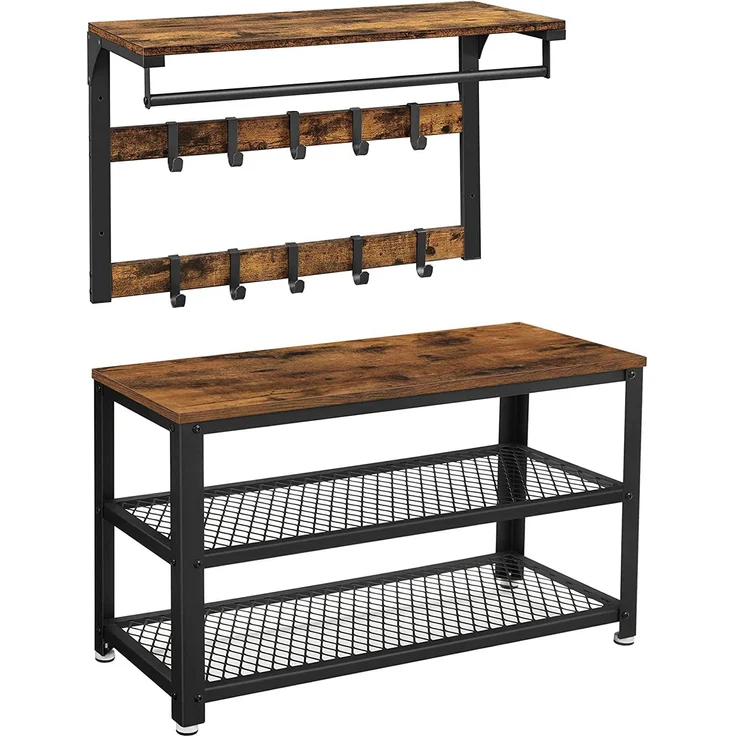 Vasagle Wandgarderobe, Schuhbank, Wandregal mit Ablage und 10 Haken, Schuhregal mit 3 Ebenen, Aufbewahrung, Metallgestell, für Flur, Eingangsbereich, Industrie-Design, vintagebraun-schwarz – Bild 1