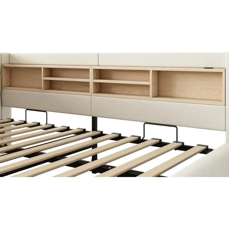 Polsterbett mit LED-Streifen, Lattenrost, Regal, Aufbewahrung, Type-C und USB, gepolsterter Kopfteil, 140x200 cm, Schlafsofa, Tagesbett, Leinen – Bild 9