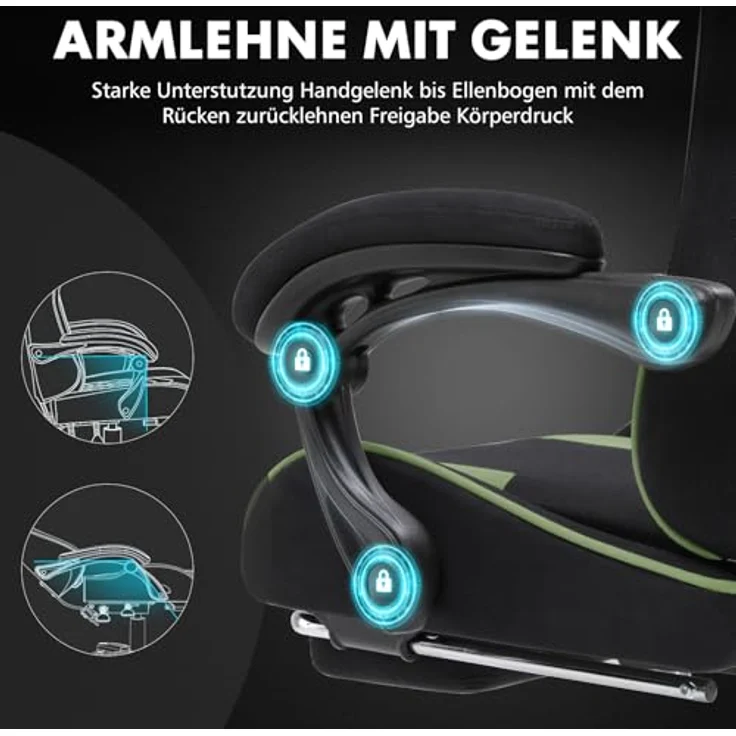 GTPLAYER Gaming Stuhl, Bürostuhl, Ergonomischer Pc Stuhl, Gaming Sessel mit Massagelendenwirbelstütze, Task Stühle mit Fußstütze und Kopfstütze, Grün Stoff – Bild 8