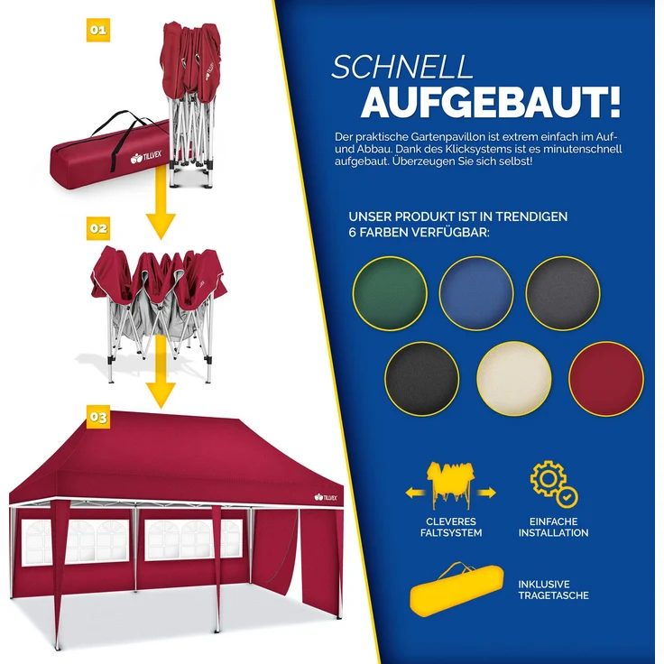 tillvex Pavillon 3x6m - mit 3 Seitenwänden Rot wasserdicht | Pop-Up Faltpavillon höhenverstellbar | Gartenzelt UV Schutz 50+ | Partyzelt mit Tasche für Garten – Bild 8