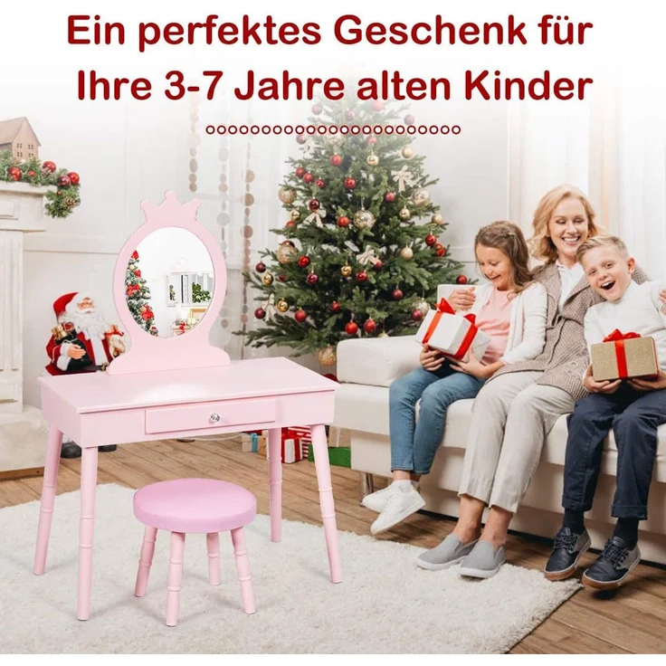 COSTWAY Kinder Schminktisch mit Hocker und abnehmbarem Spiegel, Holz pink, 34 x 70 x 100 cm – Bild 4