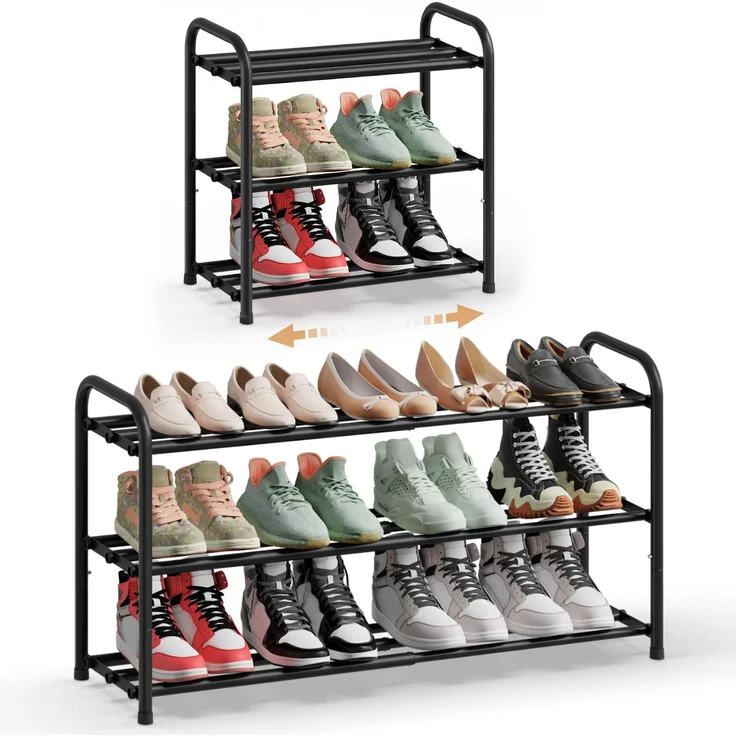 SONGMICS Schuhregal ausziehbar, Schuhablage, Schuh-Organizer mit verstellbaren Ablagen, Schuhaufbewahrung aus Metall, für Flur, Ankleidezimmer, Wohnzimmer, 3 Ebenen, tintenschwarz LMR036BD01