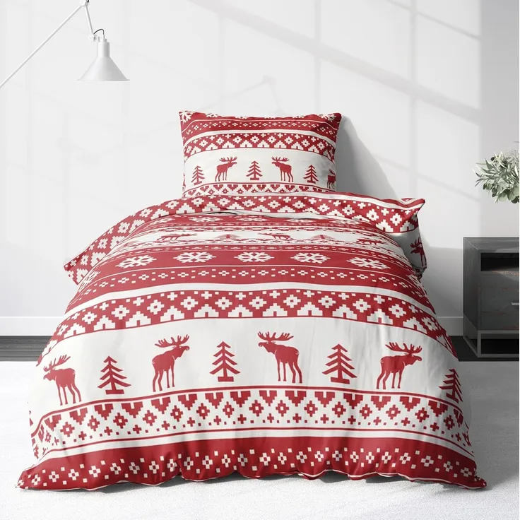 LINKHOFF Bettwäsche Biber Weihnachtsbettwäsche 135x200 / 155x220 + Kissen, Winter Bettwäsche Weihnachten Warm Biberbettwäsche Rot Weiß