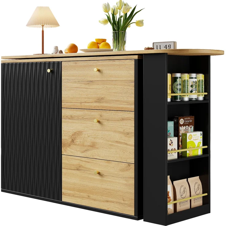 Ausziehbarer Bartisch 138–204×39×104 cm, 360° Dreh- und Ausziehfunktion, Wellendekor-Türen, 3 Schubladen, 3-stufiges Seitenregal, 104cmx138-204cmx39cm, Schwarz – Bild 10