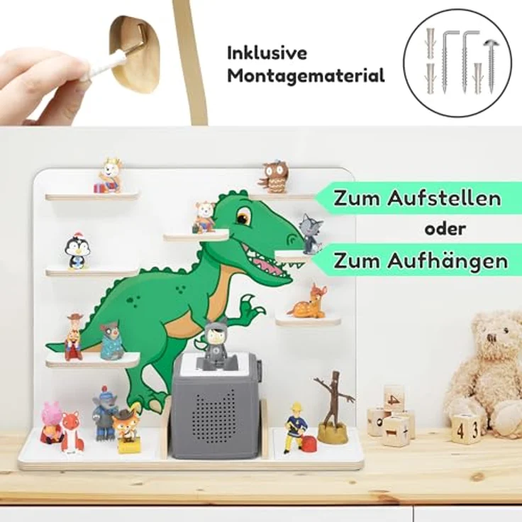 stadtecken Holzregal für Musikbox I Geeignet für die Toniebox und ca. 50 Tonies I Perfekte Tonie Aufbewahrung im Kinderzimmer I Zum Aufstellen oder Aufhängen (T-Rex, Groß) – Bild 7
