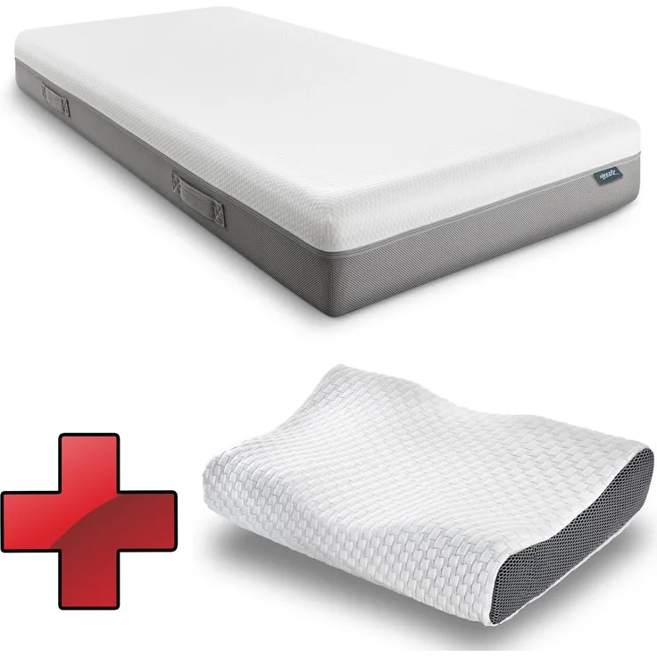 Viskoelastik-Matratze Sleezzz Premium 90 x 200 cm, Höhe 20 cm, Härtegrad H2/H3, mit Wendegriffen + Sleezzz® Premium Gel-Kissen