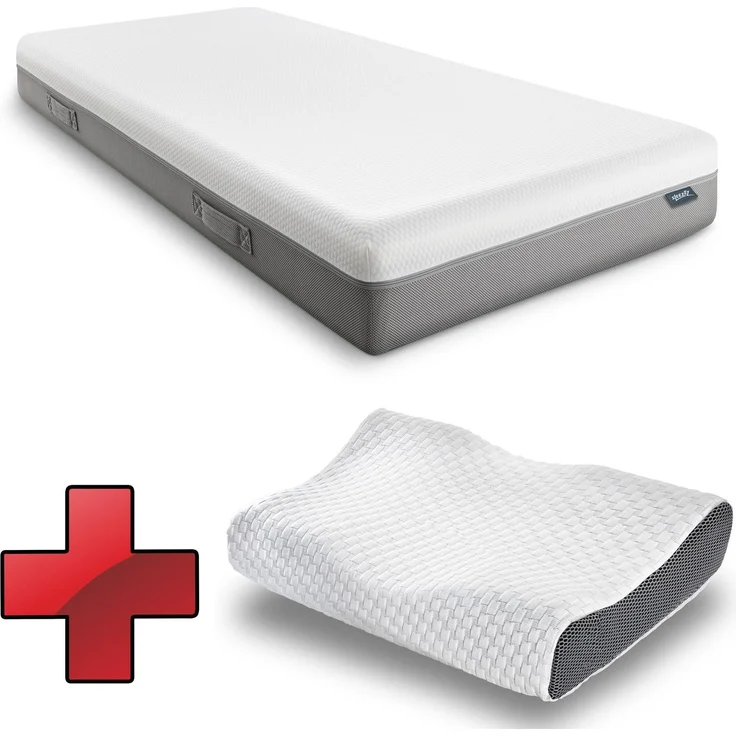 Viskoelastik-Matratze Sleezzz Premium 90 x 200 cm, Höhe 20 cm, Härtegrad H2/H3, mit Wendegriffen + Sleezzz® Premium Gel-Kissen