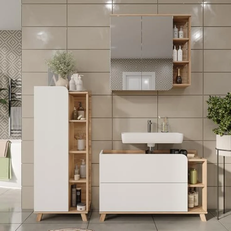 Vichy Badmöbel-Set Karen, Sonoma/Weiss, 3 Teile mit integrierter Beleuchtung und geräumigem Waschbeckenunterschrank – Bild 3
