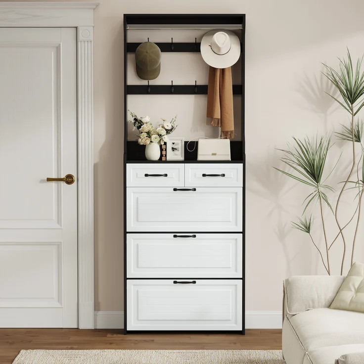 Schuhschrank mit 3 Klappen, 2 Schubladen, platzsparend, verstellbare Regale, Flur Organizer,Weiß & Schwarz – Bild 2