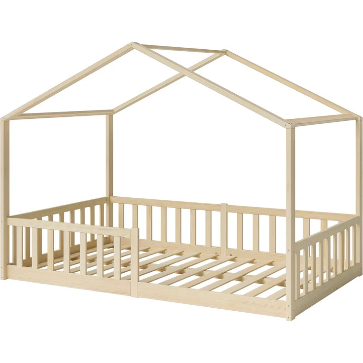 Bellabino 'Bia' Hausbett 120x200 cm mit Matratze, natur, Kiefer Massivholz, Bodenbett in Hausoptik, Montessori Kinderbett mit Rausfallschutz und Lattenrost – Bild 2
