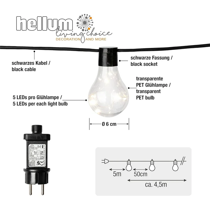 hellum LED Party Lichterkette außen, Lichterkette Glühbirnen warmweiß mit 10 Lampen, beleuchtete Länge 4,5m, 59 lm Partybeleuchtung Zimmer Garten Balkon Party Innen und Außen 577884 – Bild 3
